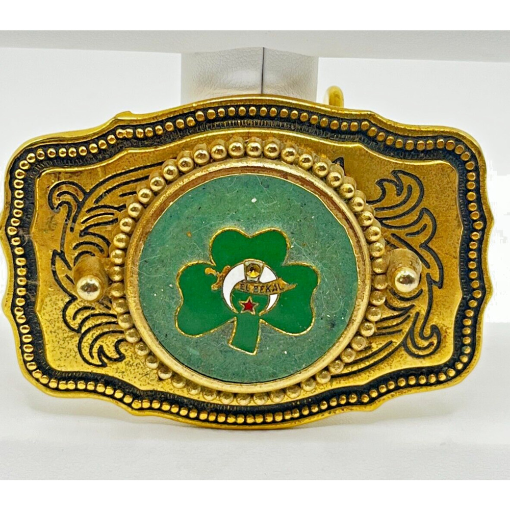 El Bekal Shriners 3-Leaf Clover Gold Tone Belt Buckle